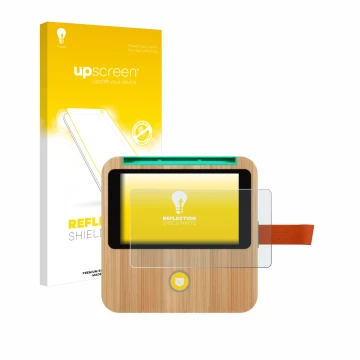 Parte frontal de un envase de producto con el logotipo de la marca upscreen. Al lado se muestra el dispositivo tigerbox Touch 