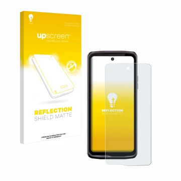 Parte frontal de un envase de producto con el logotipo de la marca upscreen. Al lado se muestra el dispositivo Crosscall Stell