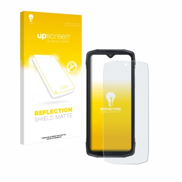 Parte frontal de un envase de producto con el logotipo de la marca upscreen. Al lado se muestra el dispositivo Cubot King Kong