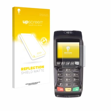 Parte frontal de un envase de producto con el logotipo de la marca upscreen. Al lado se muestra el dispositivo ingenico Desk/3