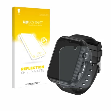 Parte frontal de un envase de producto con el logotipo de la marca upscreen. Al lado se muestra el dispositivo Okyuk 4G Kids S