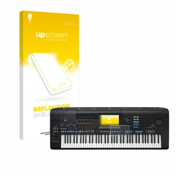 Parte frontal de un envase de producto con el logotipo de la marca upscreen. Al lado se muestra el dispositivo Yamaha Genos2 c