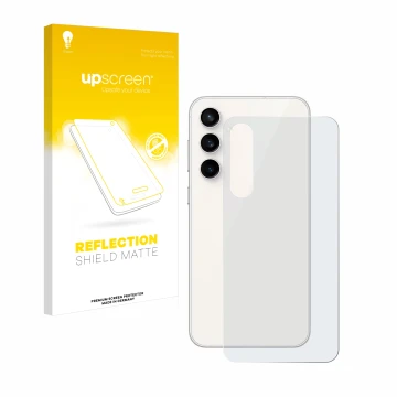 Parte frontal de un envase de producto con el logotipo de la marca upscreen. Al lado se muestra el dispositivo Samsung Galaxy 