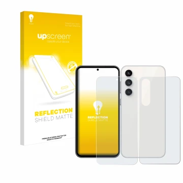 Parte frontal de un envase de producto con el logotipo de la marca upscreen. Al lado se muestra el dispositivo Samsung Galaxy 