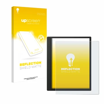 Parte frontal de un envase de producto con el logotipo de la marca upscreen. Al lado se muestra el dispositivo Boox Tab Ultra 