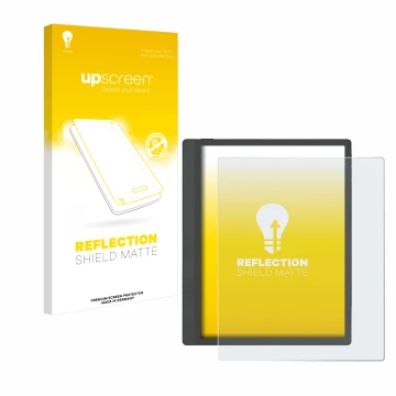 Parte frontal de un envase de producto con el logotipo de la marca upscreen. Al lado se muestra el dispositivo Boox Tab Ultra 
