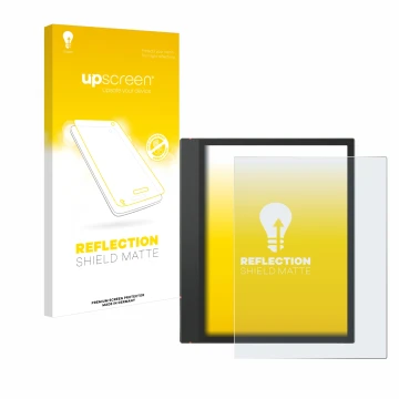 Parte frontal de un envase de producto con el logotipo de la marca upscreen. Al lado se muestra el dispositivo Boox Note Air 3