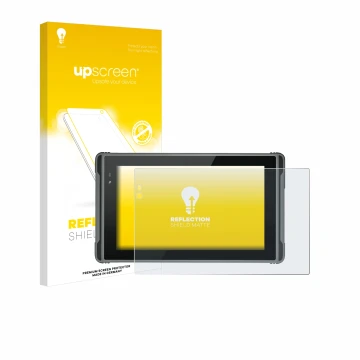 Parte frontal de un envase de producto con el logotipo de la marca upscreen. Al lado se muestra el dispositivo Hugerock X7 con