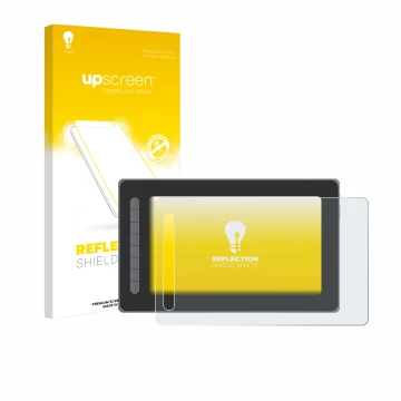 Parte frontal de un envase de producto con el logotipo de la marca upscreen. Al lado se muestra el dispositivo XP-Pen Artist 1