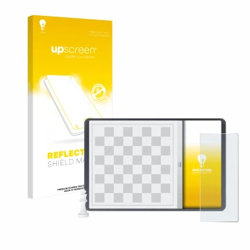 Parte frontal de un envase de producto con el logotipo de la marca upscreen. Al lado se muestra el dispositivo Chessnut Evo co