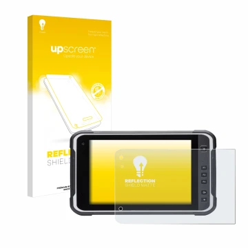 Parte frontal de un envase de producto con el logotipo de la marca upscreen. Al lado se muestra el dispositivo Handheld Algiz 