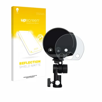 Parte frontal de un envase de producto con el logotipo de la marca upscreen. Al lado se muestra el dispositivo Profoto B10X co