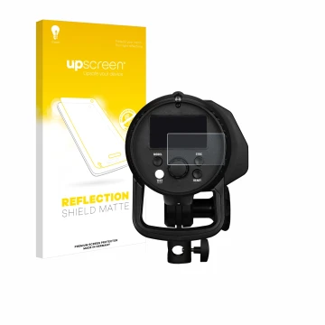 Parte frontal de un envase de producto con el logotipo de la marca upscreen. Al lado se muestra el dispositivo Profoto B1X con