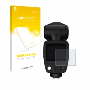 Parte frontal de un envase de producto con el logotipo de la marca upscreen. Al lado se muestra el dispositivo Profoto A10 con