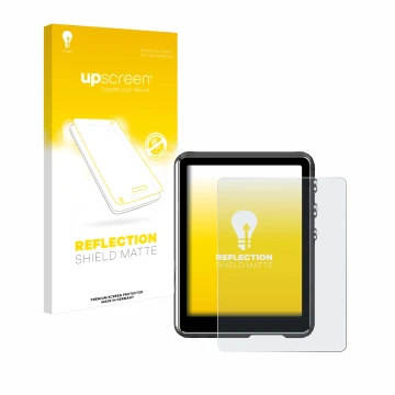 Parte frontal de un envase de producto con el logotipo de la marca upscreen. Al lado se muestra el dispositivo Mechen M3 con s