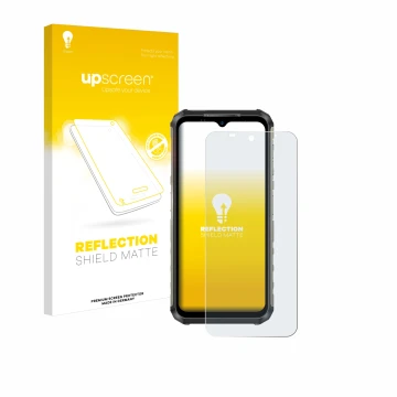 Parte frontal de un envase de producto con el logotipo de la marca upscreen. Al lado se muestra el dispositivo Ulefone Armor 2