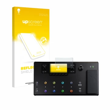 Parte frontal de un envase de producto con el logotipo de la marca upscreen. Al lado se muestra el dispositivo Line 6 Helix LT