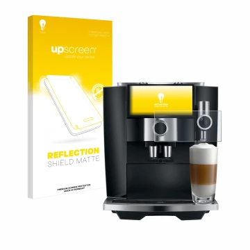 Parte frontal de un envase de producto con el logotipo de la marca upscreen. Al lado se muestra el dispositivo Jura J8 twin co
