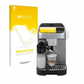 Parte frontal de un envase de producto con el logotipo de la marca upscreen. Al lado se muestra el dispositivo DeLonghi Magnif