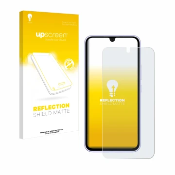 Parte frontal de un envase de producto con el logotipo de la marca upscreen. Al lado se muestra el dispositivo Samsung Galaxy 