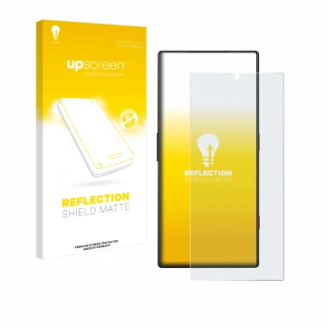 Parte frontal de un envase de producto con el logotipo de la marca upscreen. Al lado se muestra el dispositivo ZTE Nubia Red M