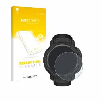 Parte frontal de un envase de producto con el logotipo de la marca upscreen. Al lado se muestra el dispositivo Garmin Instinct