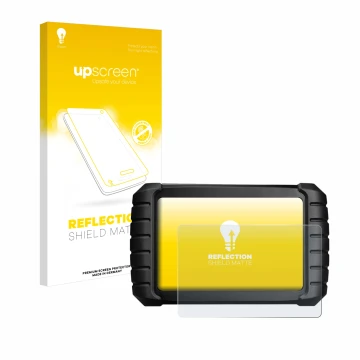 Parte frontal de un envase de producto con el logotipo de la marca upscreen. Al lado se muestra el dispositivo iCarsoft CR Max