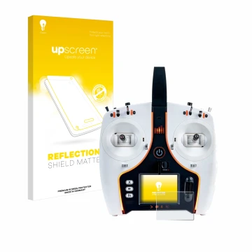 Parte frontal de un envase de producto con el logotipo de la marca upscreen. Al lado se muestra el dispositivo Spektrum NX7e c