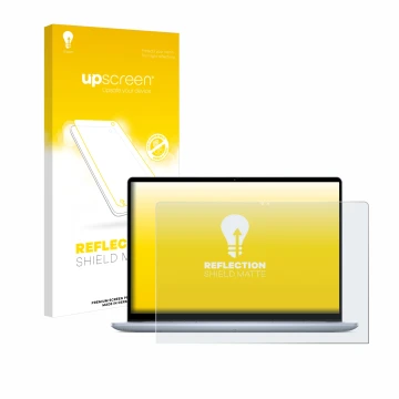 Parte frontal de un envase de producto con el logotipo de la marca upscreen. Al lado se muestra el dispositivo Dell Inspiron 1