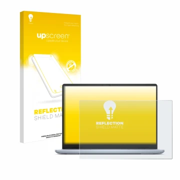 Parte frontal de un envase de producto con el logotipo de la marca upscreen. Al lado se muestra el dispositivo Dell Inspiron 1