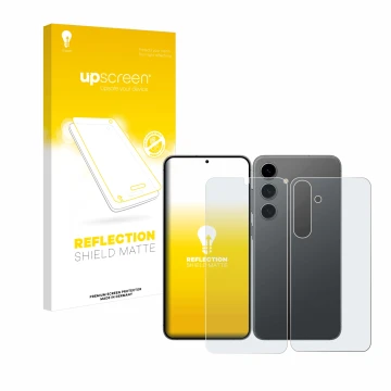 Parte frontal de un envase de producto con el logotipo de la marca upscreen. Al lado se muestra el dispositivo Samsung Galaxy 