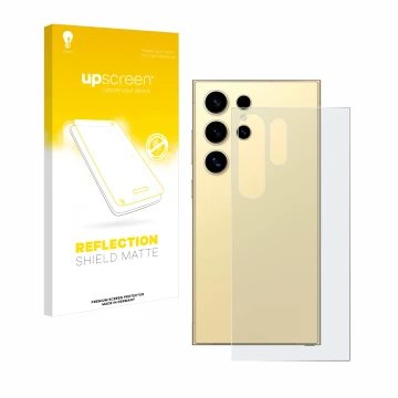 Parte frontal de un envase de producto con el logotipo de la marca upscreen. Al lado se muestra el dispositivo Samsung Galaxy 