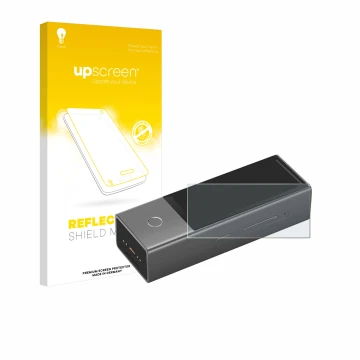 Parte frontal de un envase de producto con el logotipo de la marca upscreen. Al lado se muestra el dispositivo Timekettle X1 c