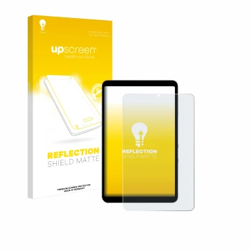 Parte frontal de un envase de producto con el logotipo de la marca upscreen. Al lado se muestra el dispositivo Alldocube iPlay