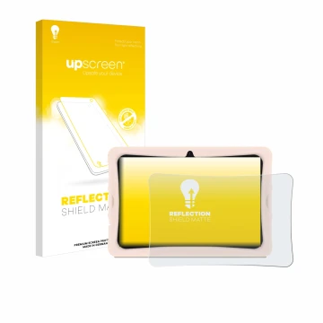 Parte frontal de un envase de producto con el logotipo de la marca upscreen. Al lado se muestra el dispositivo Doogee U10 Kid 