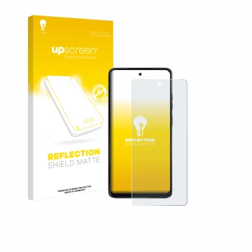 Parte frontal de un envase de producto con el logotipo de la marca upscreen. Al lado se muestra el dispositivo Motorola Moto G