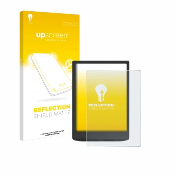 Parte frontal de un envase de producto con el logotipo de la marca upscreen. Al lado se muestra el dispositivo Vivlio InkPad 4