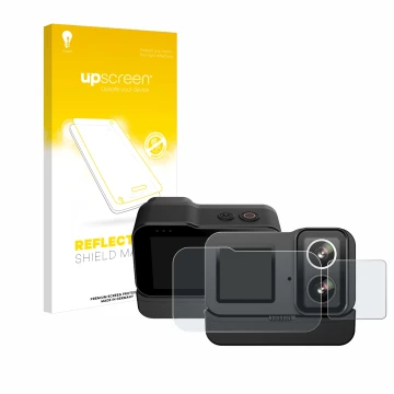Parte frontal de un envase de producto con el logotipo de la marca upscreen. Al lado se muestra el dispositivo SJCAM SJ20 Dual