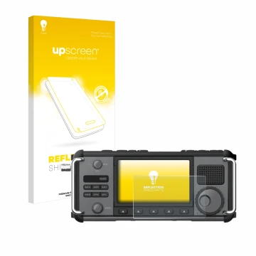 Parte frontal de un envase de producto con el logotipo de la marca upscreen. Al lado se muestra el dispositivo Xiegu X6200 con
