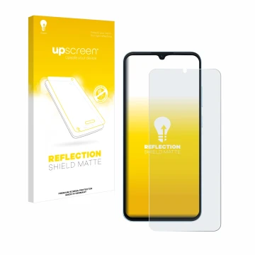 Parte frontal de un envase de producto con el logotipo de la marca upscreen. Al lado se muestra el dispositivo Blackview Wave 