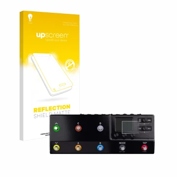 Parte frontal de un envase de producto con el logotipo de la marca upscreen. Al lado se muestra el dispositivo Line 6 hx stomp
