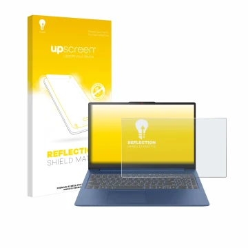 Parte frontal de un envase de producto con el logotipo de la marca upscreen. Al lado se muestra el dispositivo Lenovo IdeaPad 