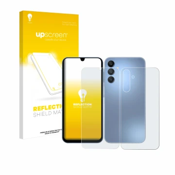 Parte frontal de un envase de producto con el logotipo de la marca upscreen. Al lado se muestra el dispositivo Samsung Galaxy 