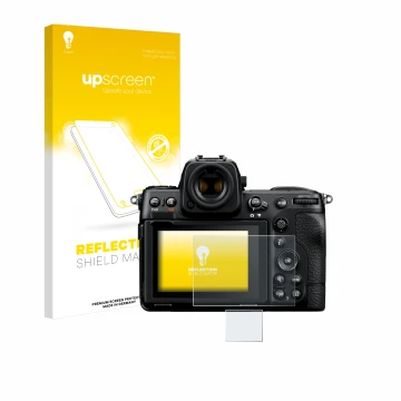 Parte frontal de un envase de producto con el logotipo de la marca upscreen. Al lado se muestra el dispositivo Nikon Z 8 (Pant