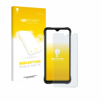 Parte frontal de un envase de producto con el logotipo de la marca upscreen. Al lado se muestra el dispositivo Umidigi Bison X