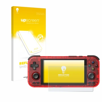 Parte frontal de un envase de producto con el logotipo de la marca upscreen. Al lado se muestra el dispositivo Retroid Pocket 