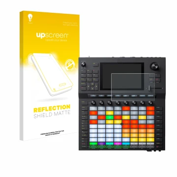 Parte frontal de un envase de producto con el logotipo de la marca upscreen. Al lado se muestra el dispositivo Akai Force con 