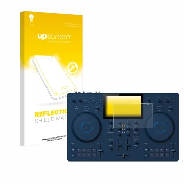 Parte frontal de un envase de producto con el logotipo de la marca upscreen. Al lado se muestra el dispositivo AlphaTheta OMNI