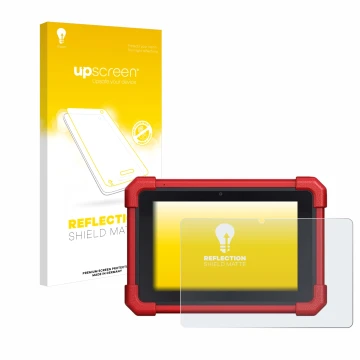 Parte frontal de un envase de producto con el logotipo de la marca upscreen. Al lado se muestra el dispositivo Launch MOT IV (