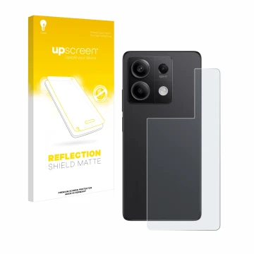 Parte frontal de un envase de producto con el logotipo de la marca upscreen. Al lado se muestra el dispositivo Xiaomi Redmi No